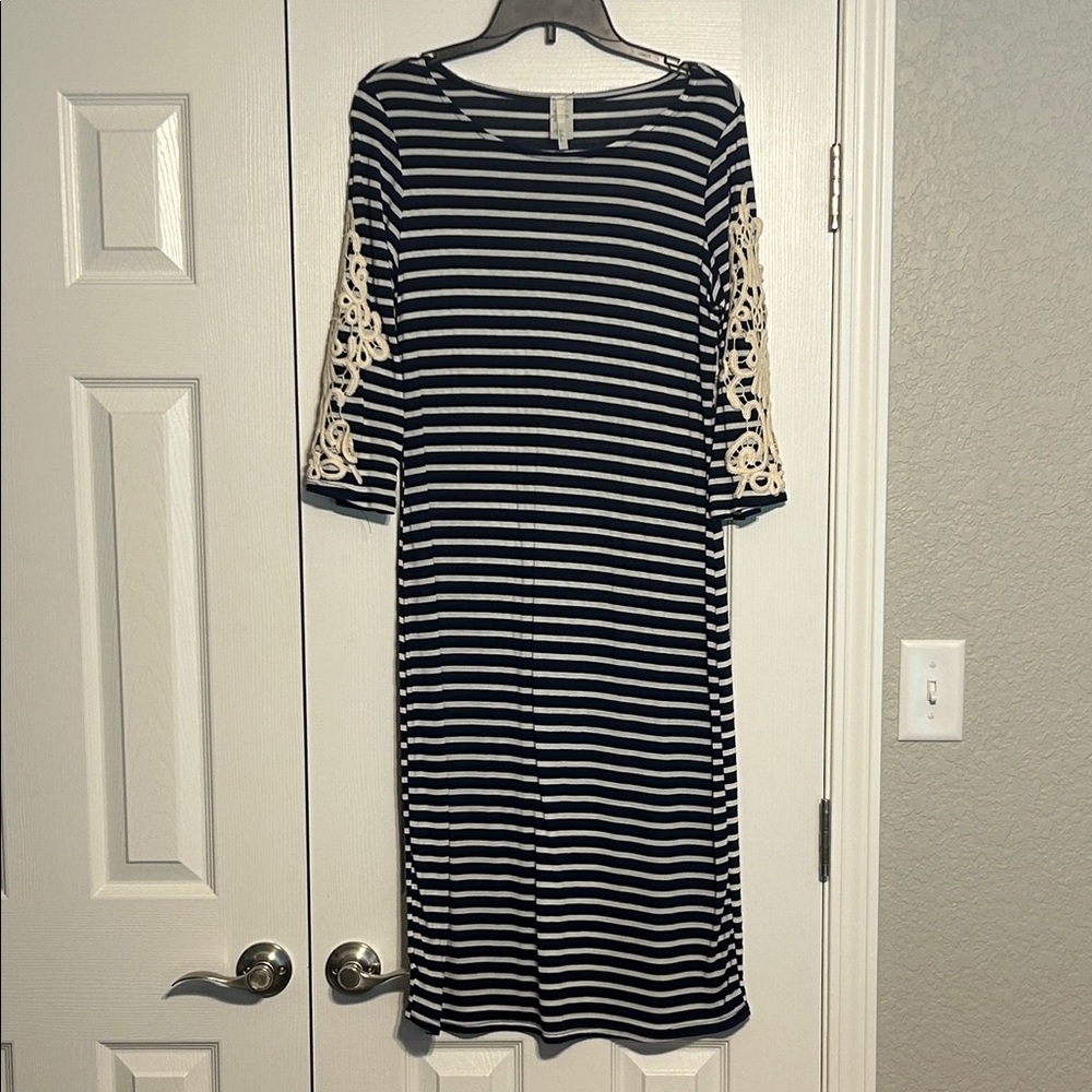 Bellamie Navy and Cream Striped Dress with Lace Sleeves